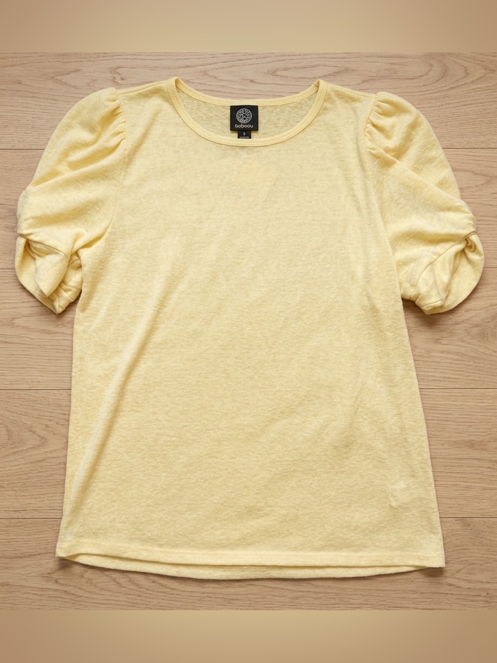 bobeau Pale Yellow Puff-Sleeve Short Sleeve Knit Top